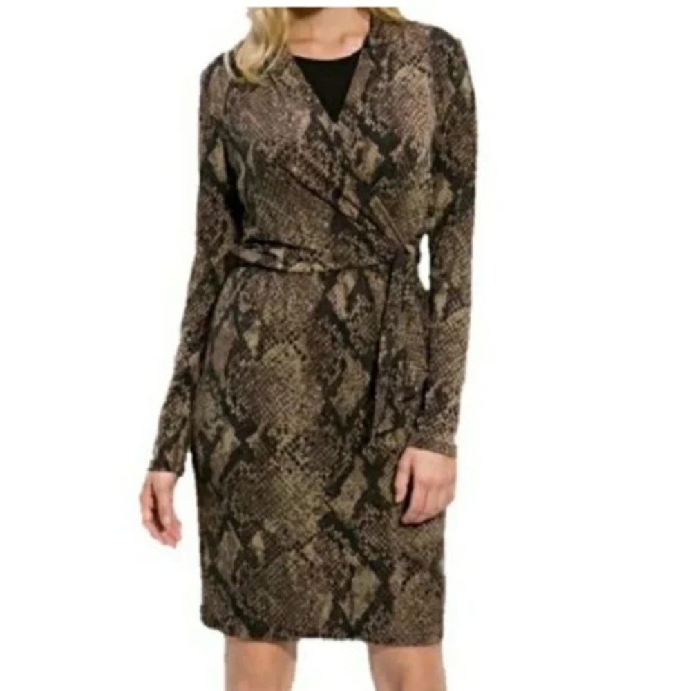 T Tahari Black Brown Long Sleeve Dress faux wrap animal print snake sz‎ M v neck